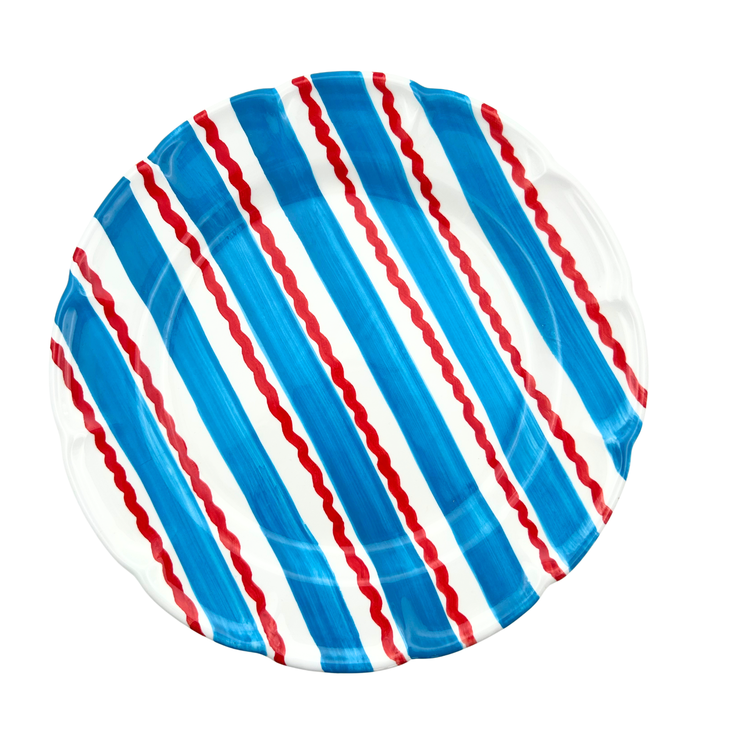 Grande assiette Burano rayure onda doppia turquoise et rouge